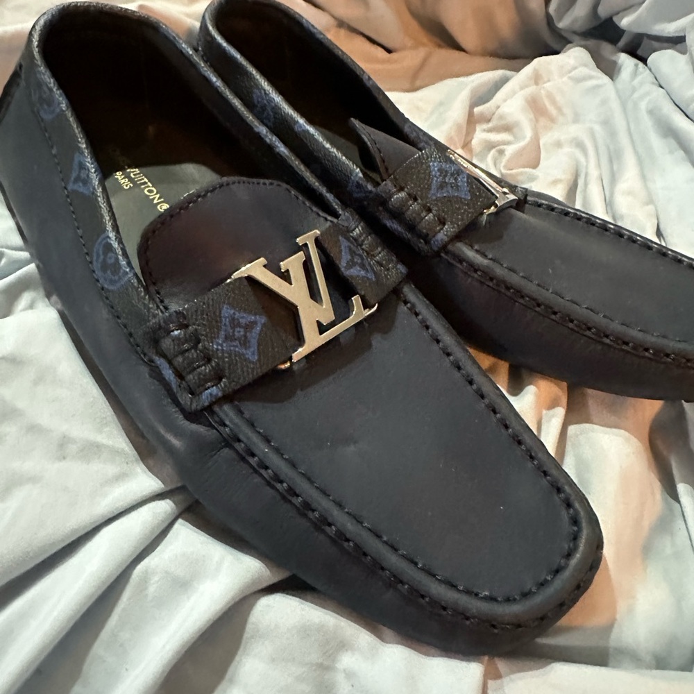 Louis Vuitton Dark Blue Men's Loafers with Silver Accent